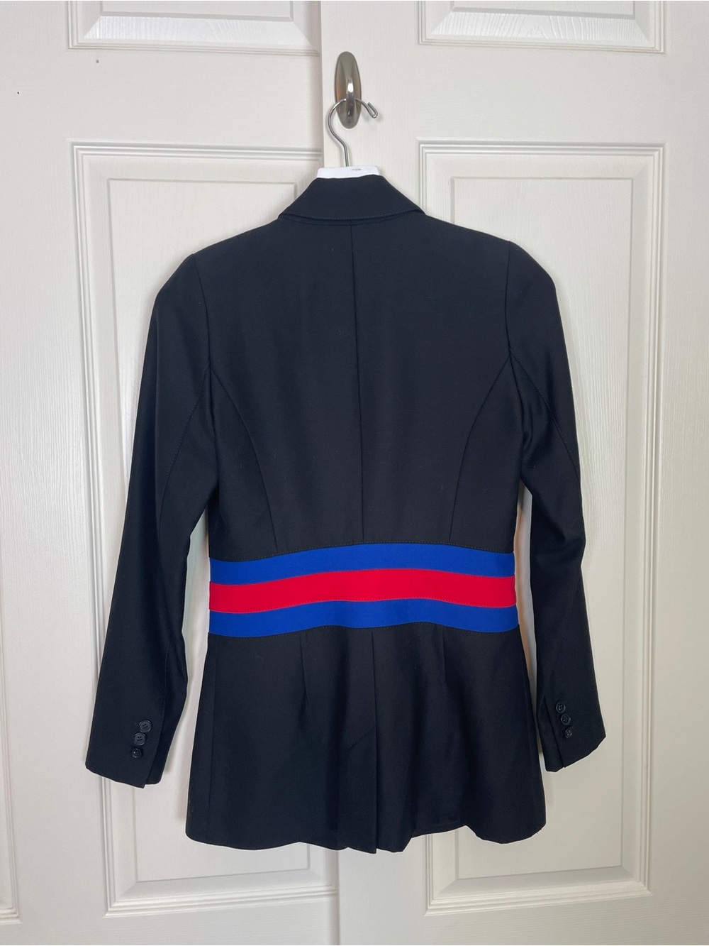 SMYTHE Black Wool Tailored Blazer Red Royal Blue Waist Stripe Sz 2 - Picture 5 of 9